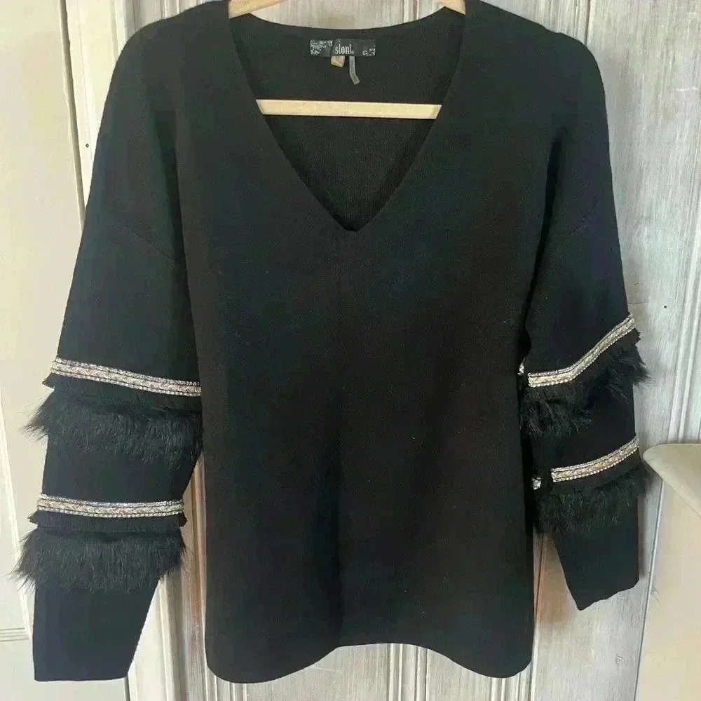 SIONI Blk VNeck sweater Sequin Fringe Detail LongSleeve M whimsigoth SWIFTY glam